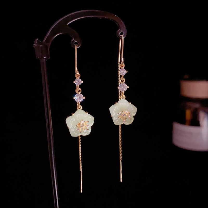 14K Gold Zircon Green Floral Tassel Threader Earrings – Elegant Design