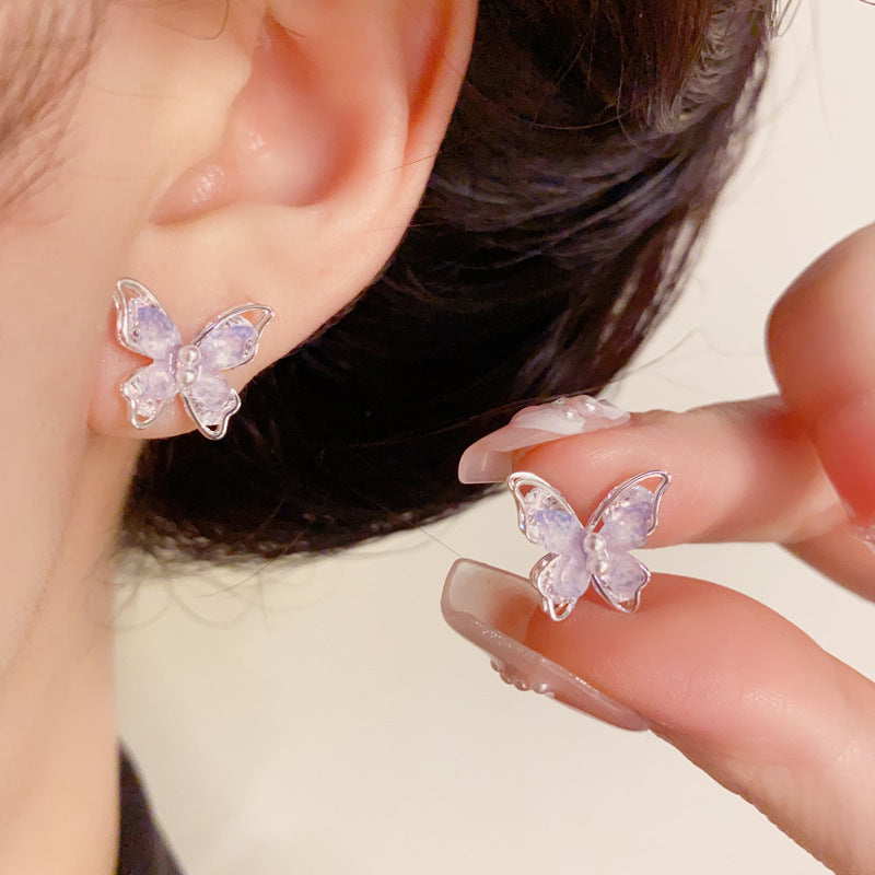 Silver-Plated Purple Pearl Butterfly Stud Earrings – Sweet Design