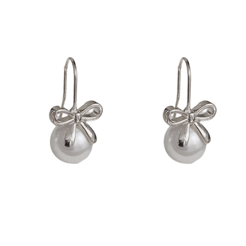 14K Gold Minimalist Metal Bow & Pearl Hook Earrings – Elegant Design