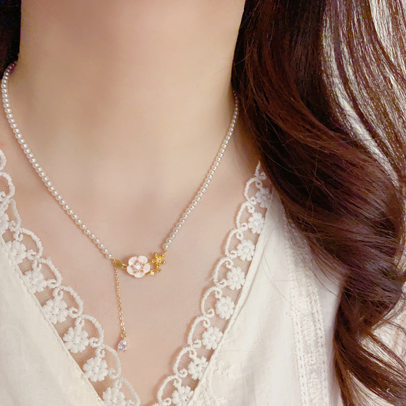 14K Gold Camellia Waterdrop Pearl Tassel Necklace – Elegant Design