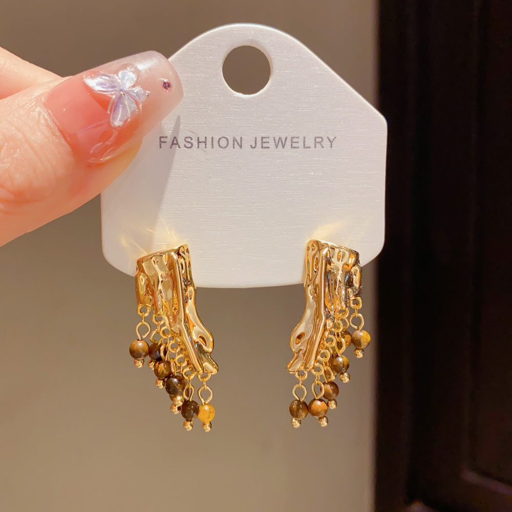 Eaioncol Geometric Tiger Eye Tassel Earrings 18K Gold