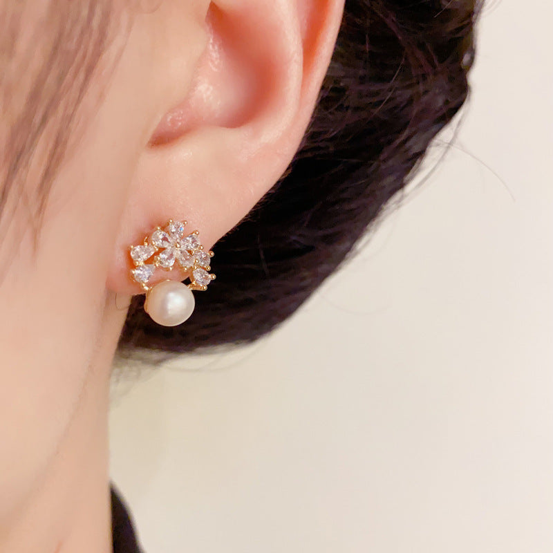 Luxury Zircon Petal & Freshwater Pearl Stud Earrings – Elegant Design