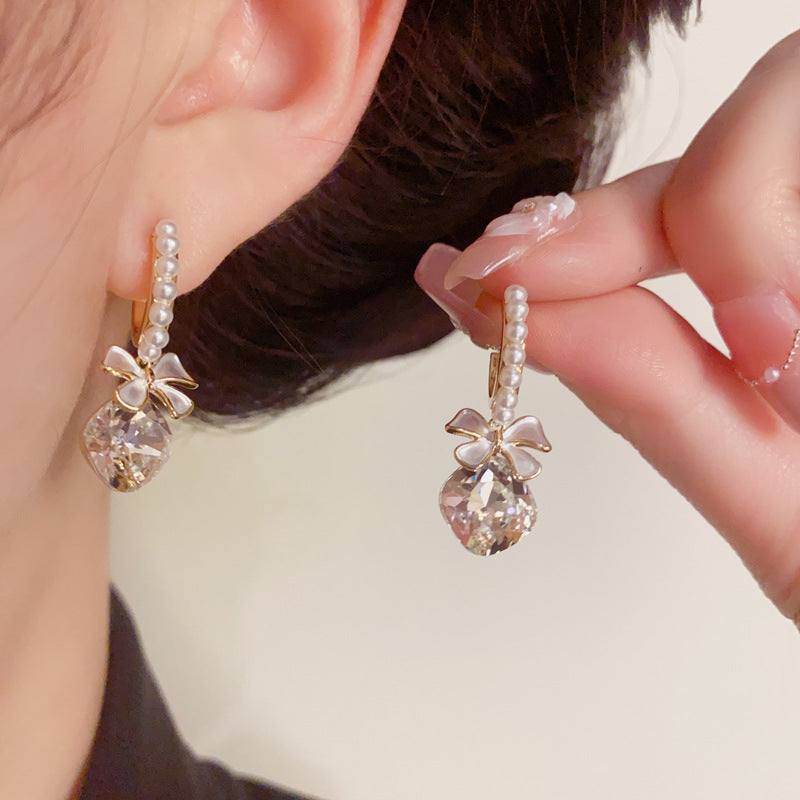 Luxury Bow Square Zircon & Pearl Drop Gold Earrings – Silver Needle