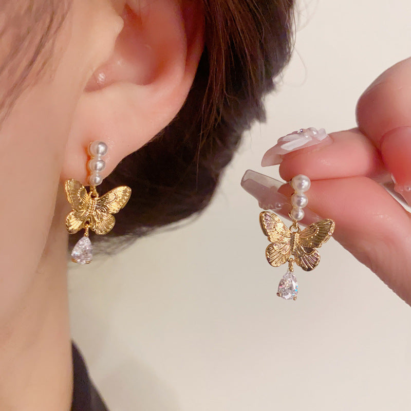 14K Gold-Plated Butterfly Drop Waterdrop Earrings - Elegant Design