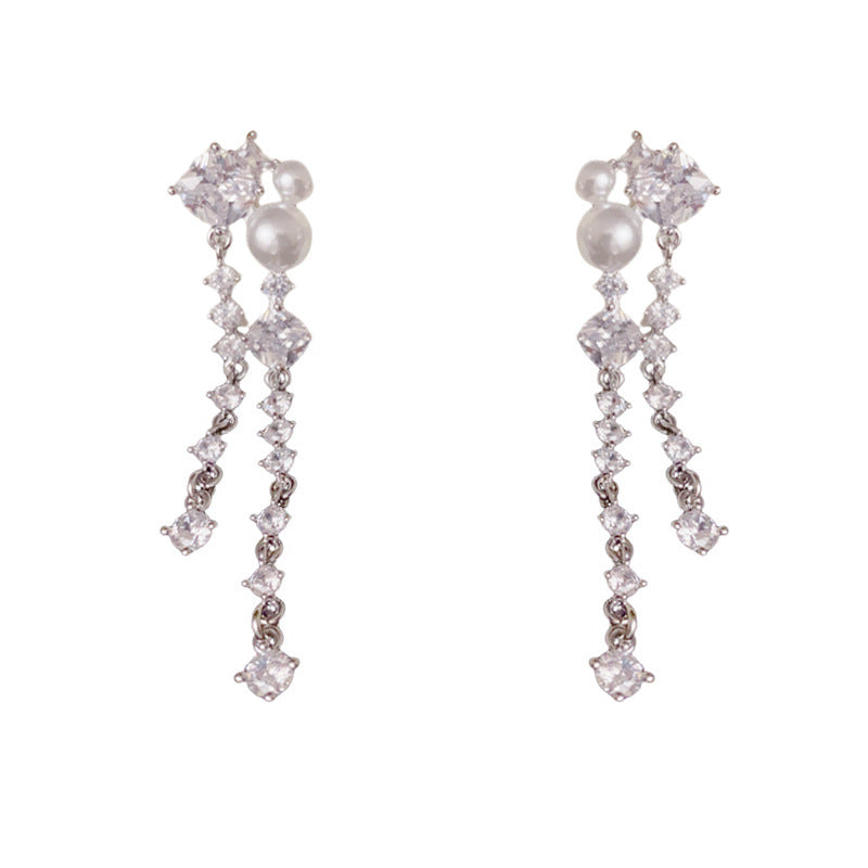 Luxury Full-Zircon & Pearl Long Tassel Drop Earrings– Geometric Design