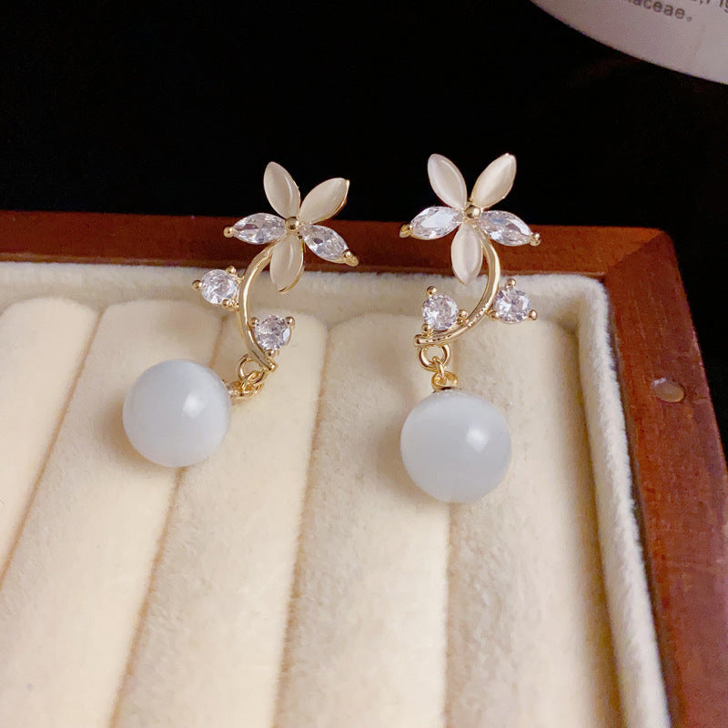 14K Gold-Plated Cat's Eye Flower Drop Earrings – Elegant Floral Design