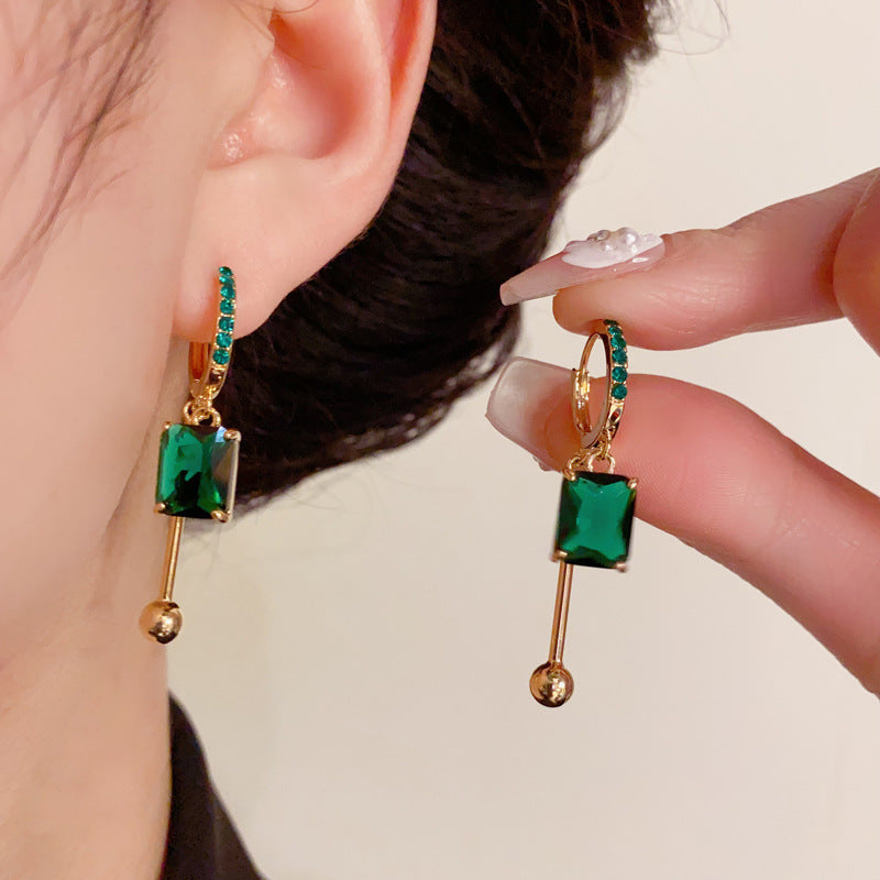 14K Gold Emerald Square Crystal Tassel Earrings - Chic Elegance Design