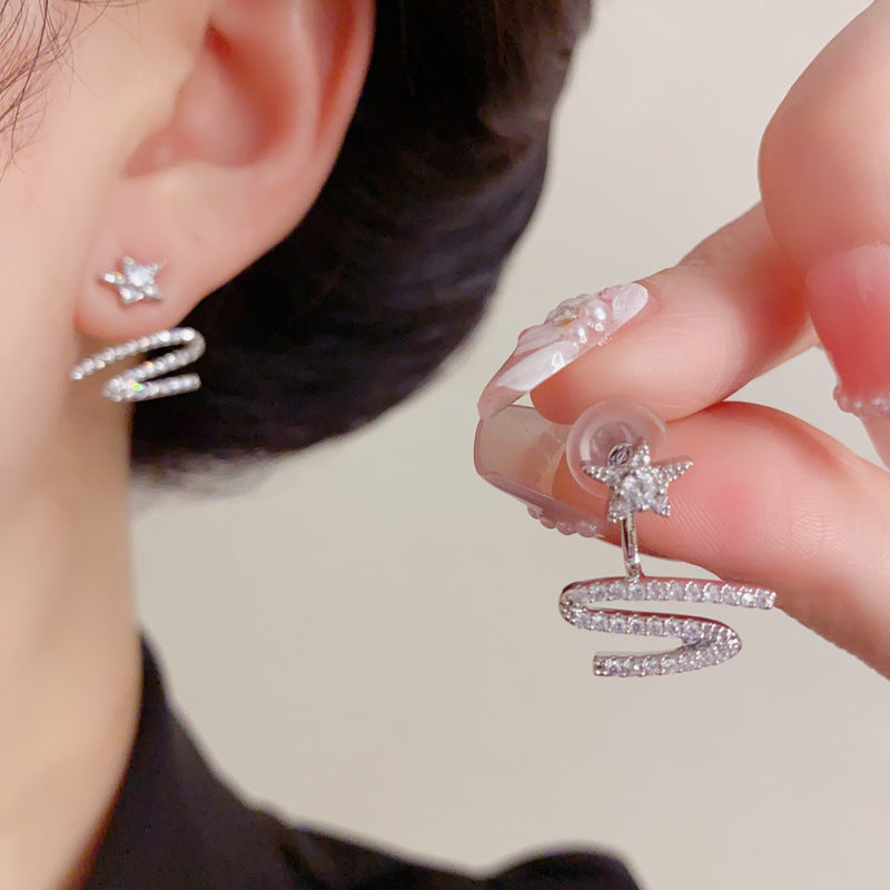 Gold 2‑Way Star Ribbon Earrings – Zircon Drop & Stud for Women