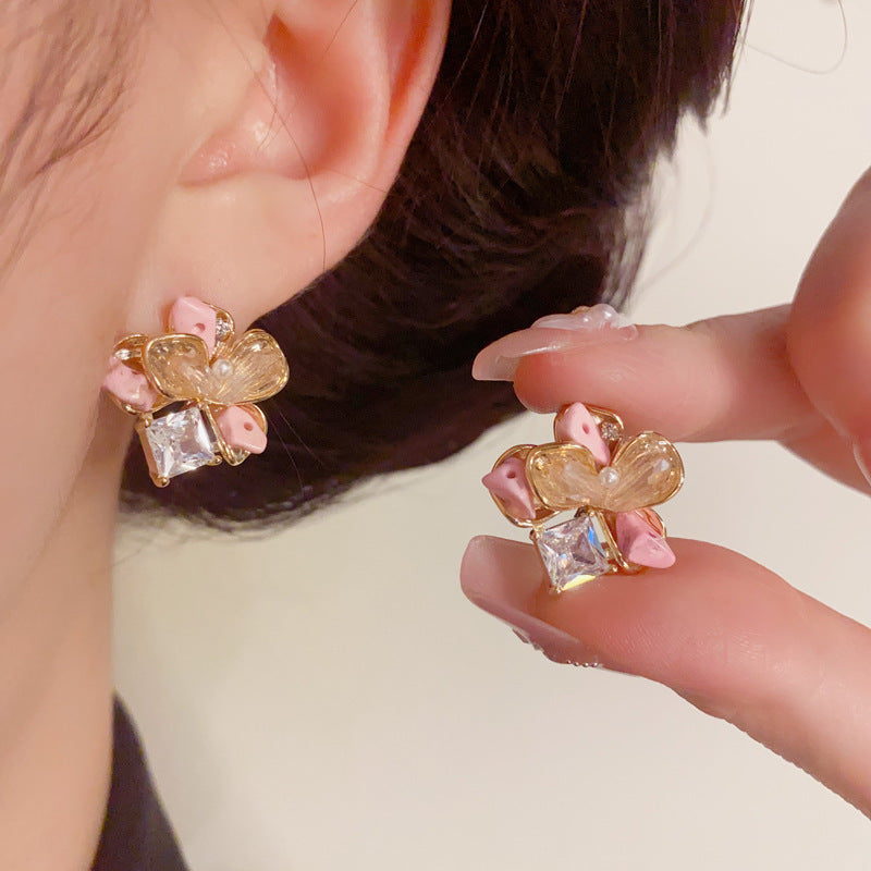 14K Gold Sweet Crystal Pink Petal Stud Earrings – S925 Silver Needle