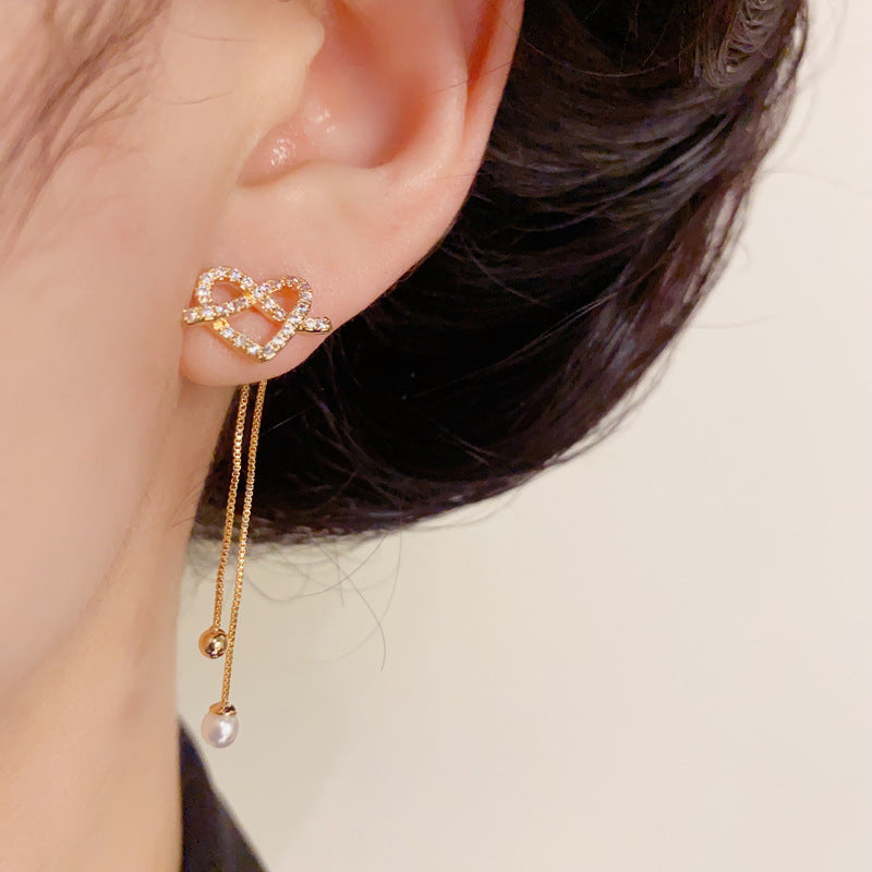 14K Gold Full Diamond Heart Tassel Drop Earrings – Elegant Design