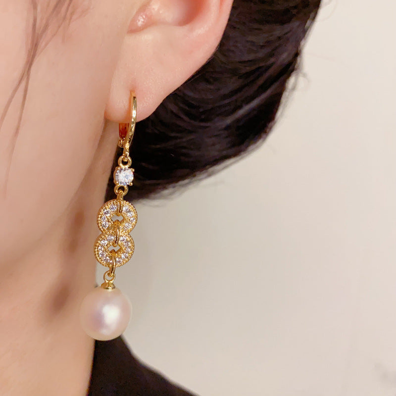 14K Gold-Plated Zircon Coin Pearl Tassel Earrings – Elegant Design