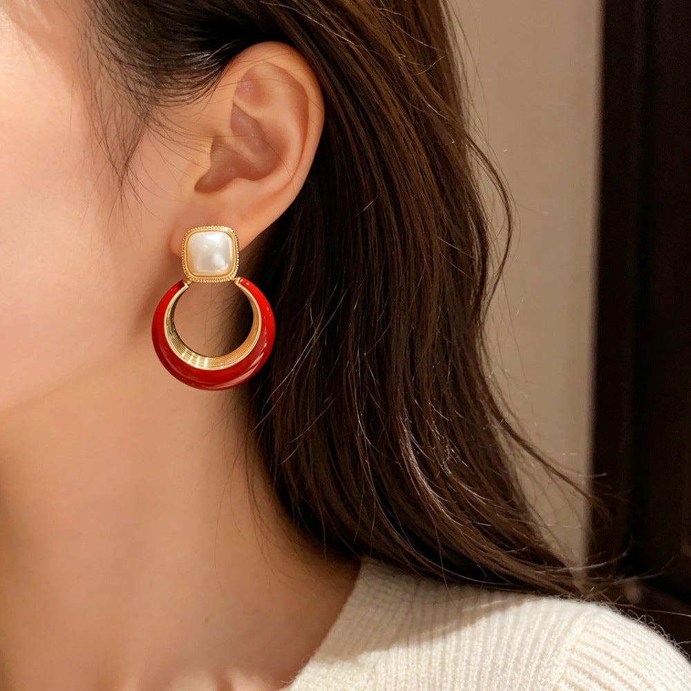 Eaioncol Square Pearl Red Circle Drop Earrings Gold