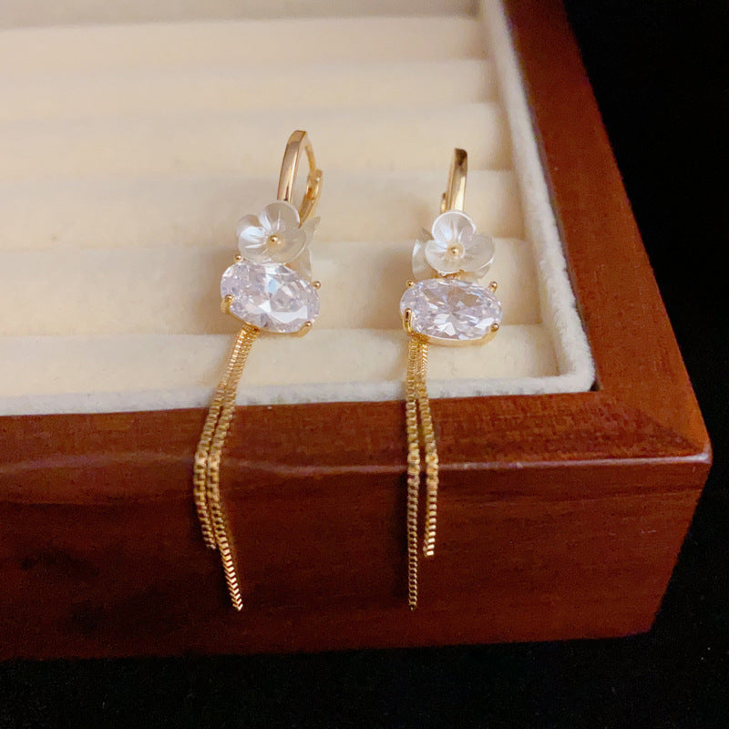 14K Gold-Plated Flower Zircon Long Tassel Ear Cuff - Elegant Design