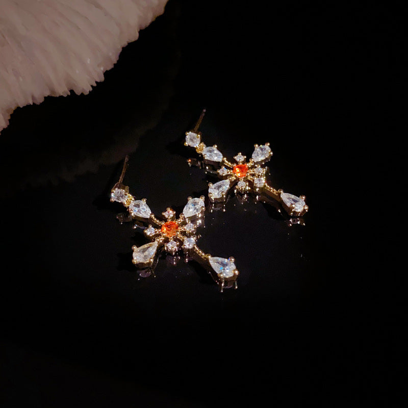 Elegant Full-Zircon Cross Drop Gold Earrings – Geometric Design