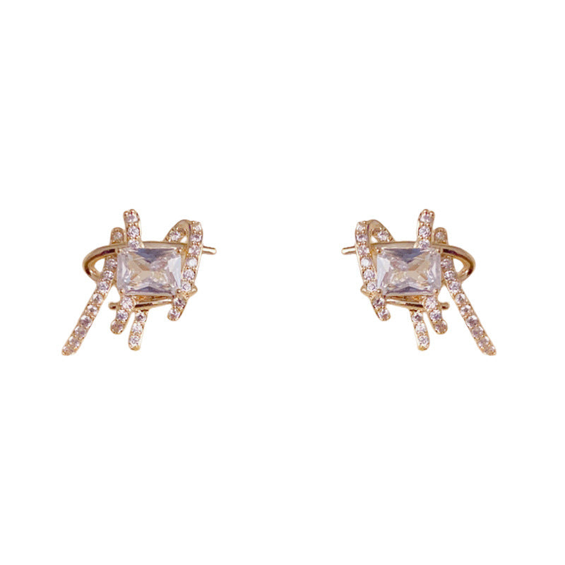 Elegant Zircon Woven Sugar Cube Stud Earrings – Geometric Design