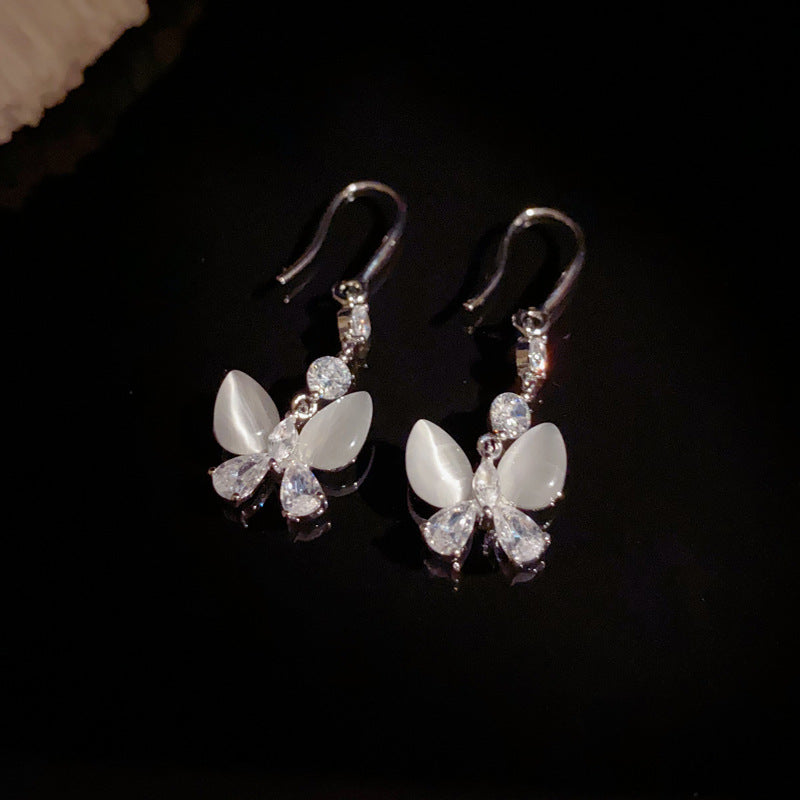 14K Gold Cat's Eye Butterfly Tassel Earrings – Elegant Chic Design