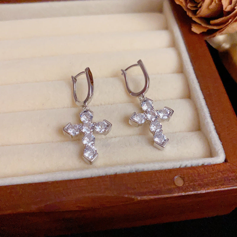 Luxury Full-Zircon Cross Tassel Ear Cuff Earrings – S925 Silver Needle