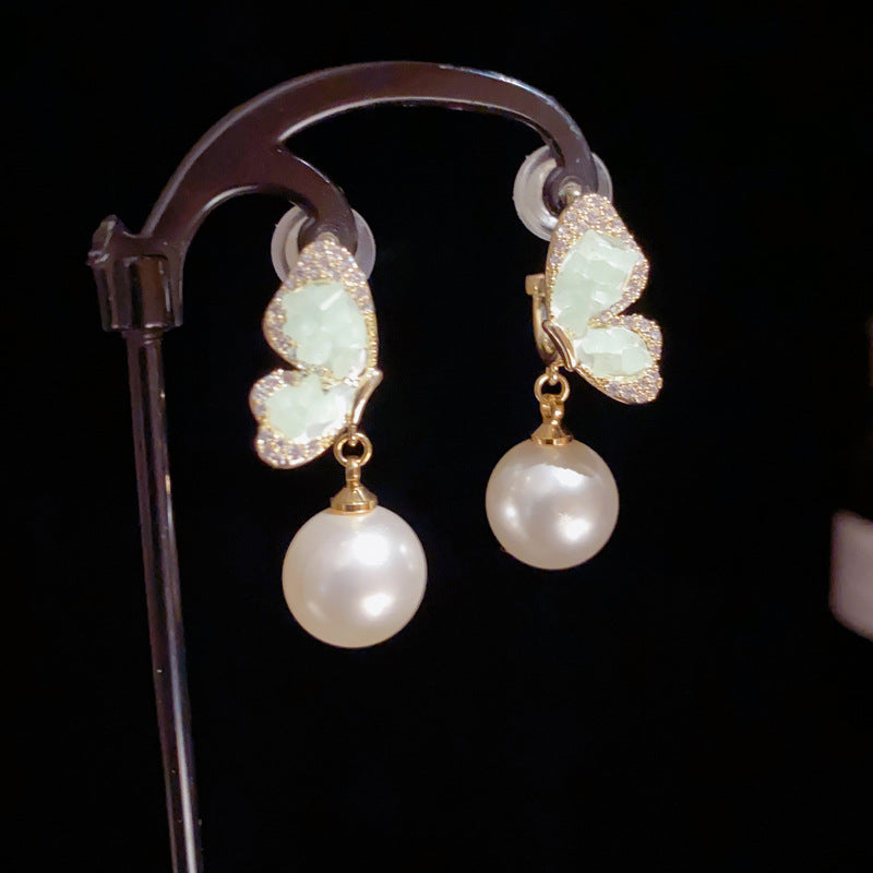 14K Gold-Plated Green Butterfly Pearl Drop Earrings – Elegant Design