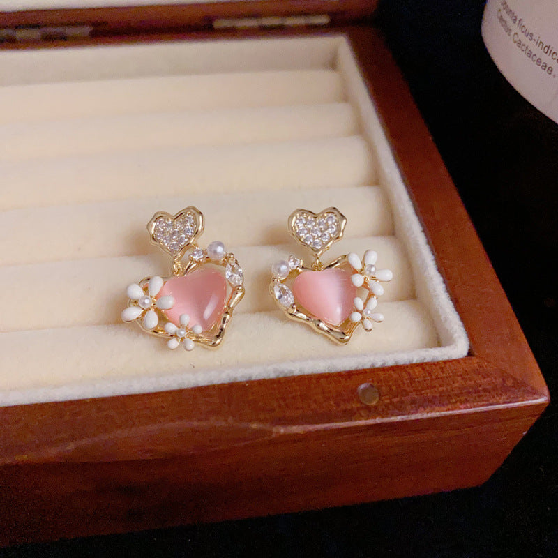 14K Gold Pink Heart Flower Drop Earrings – Sweet & Elegant Design