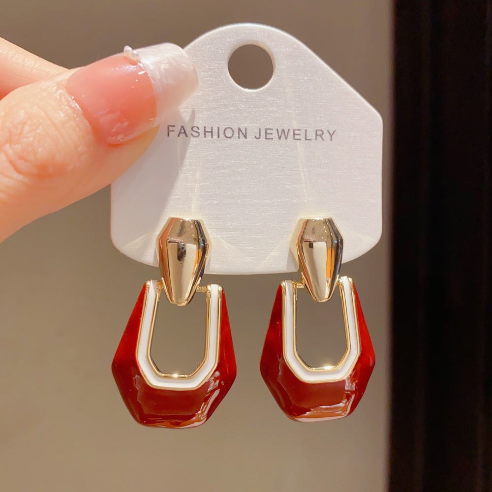 Eaioncol Geometric Enamel Drop Earrings Red Brown