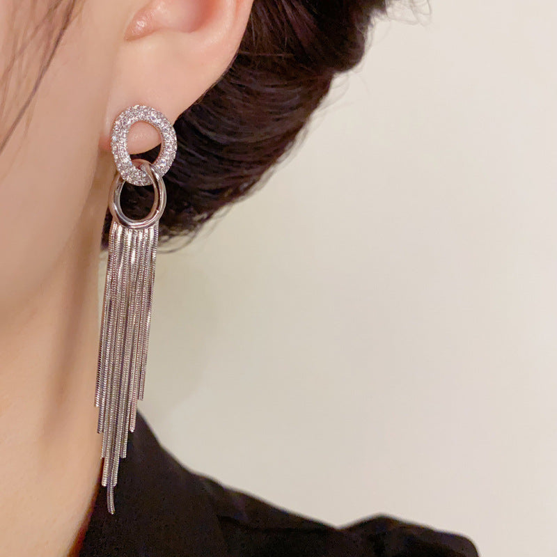 14K Gold-Plated Zircon Hoop Tassel Drop Earrings - Elegant Statement