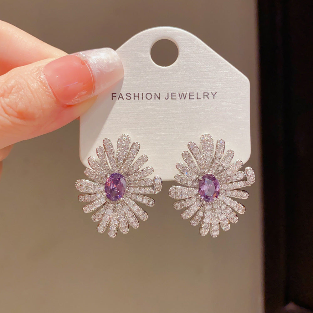Eaioncol Daisy CZ Stud Earrings 14K Gold Plated Green Purple
