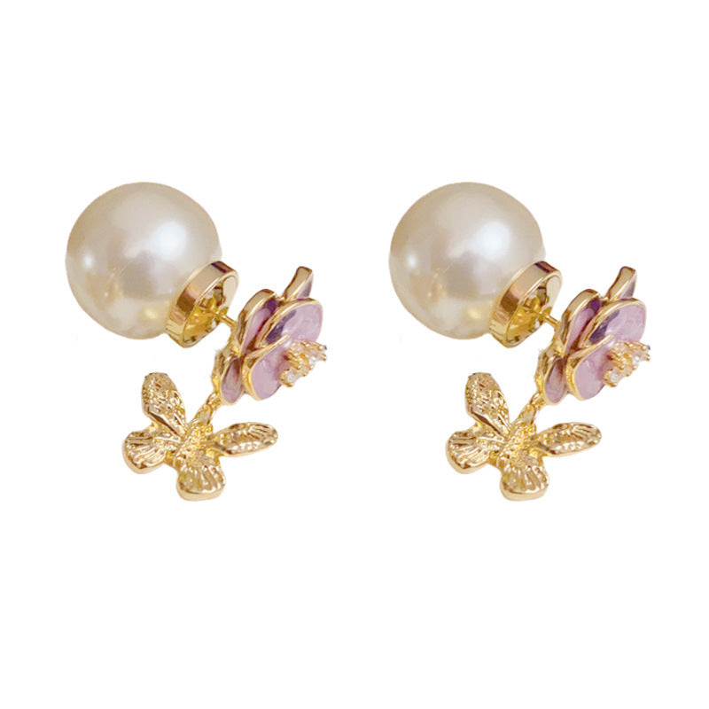 Sweet Flower & Butterfly Tassel Pearl Earrings – S925 Silver Needle