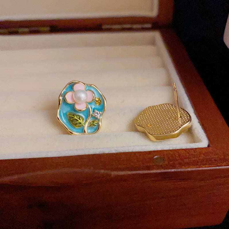 French-Style Enamel 3D Flower Drop Earrings – S925 Silver Needle