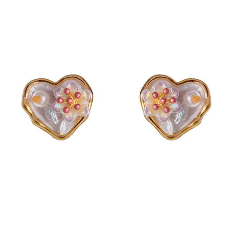 14K Gold Handcrafted Enamel Heart Flower Stud Earrings– Elegant Design