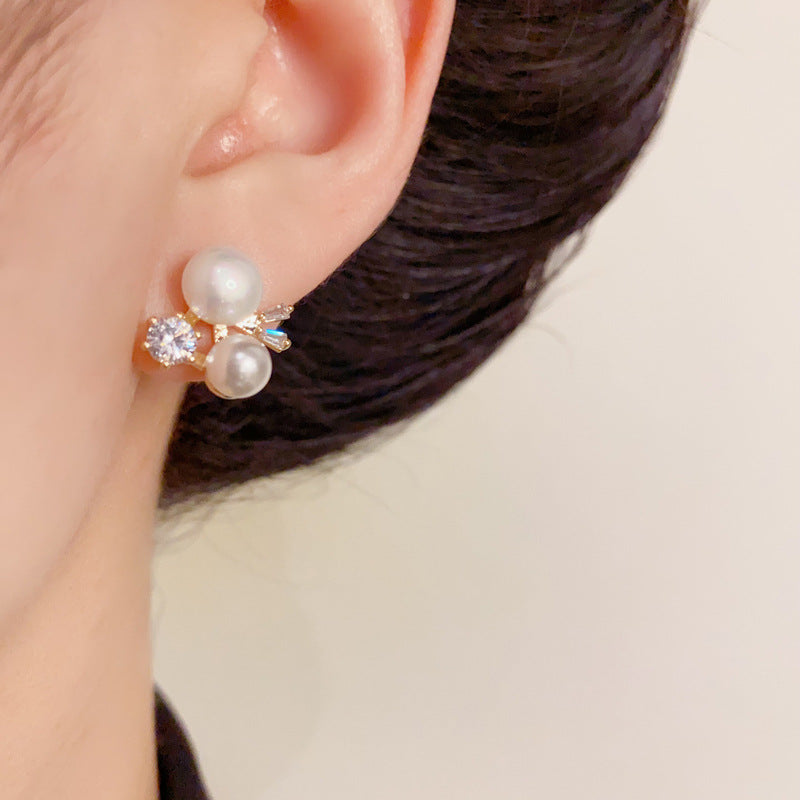 14K Gold Zircon Pearl Geometric Stud Earrings – Elegant Minimalist