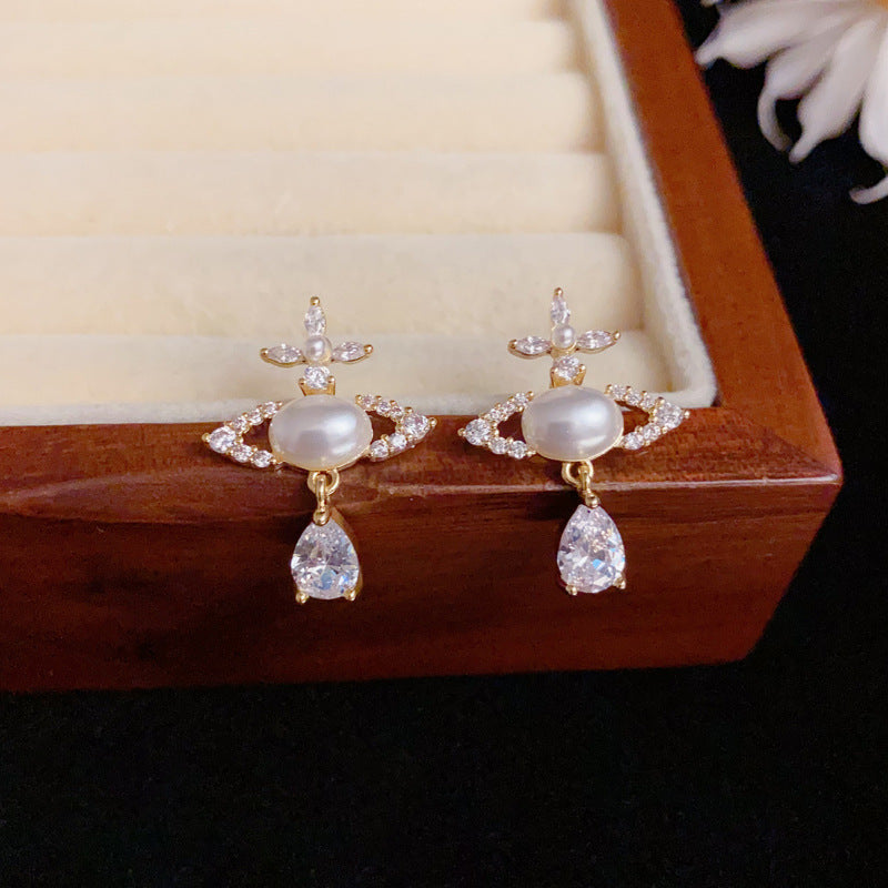 Luxury Full-Zircon Pearl Saturn Teardrop Earrings – Elegant Design