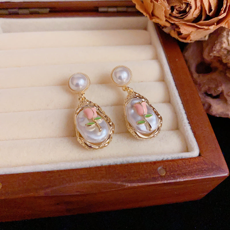 Luxury Irregular Pearl & Flower Tassel Drop Earrings – Elegant Design