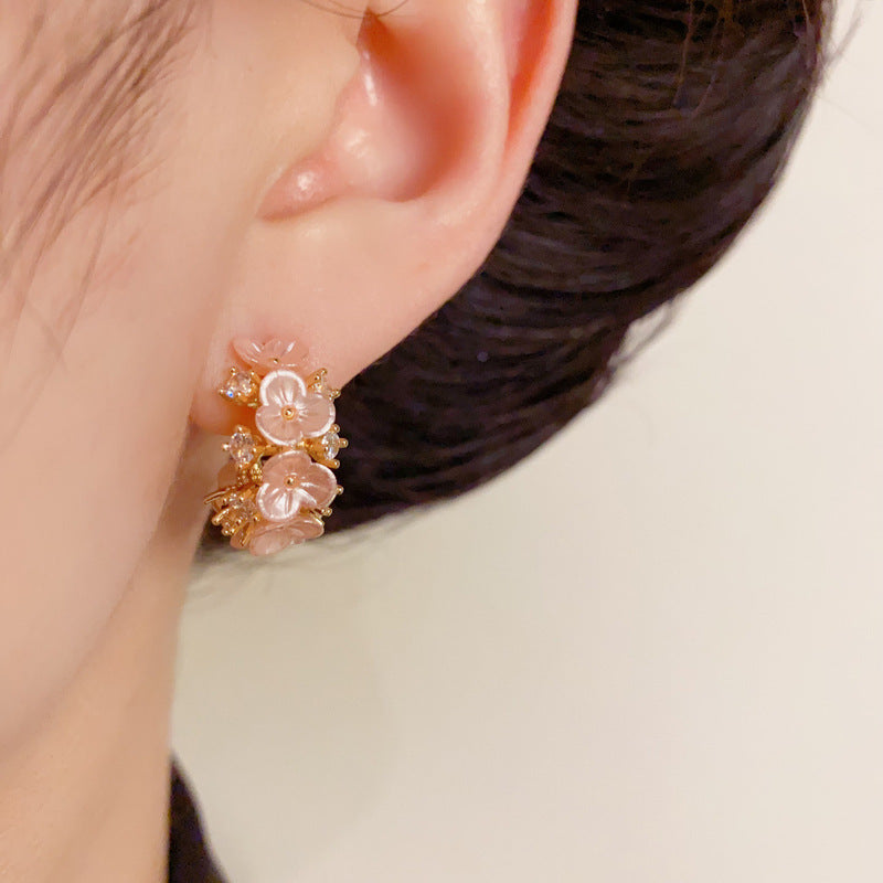 14K Gold-Plated Zircon Floral C-Shaped Hoop Earrings – Sweet Design