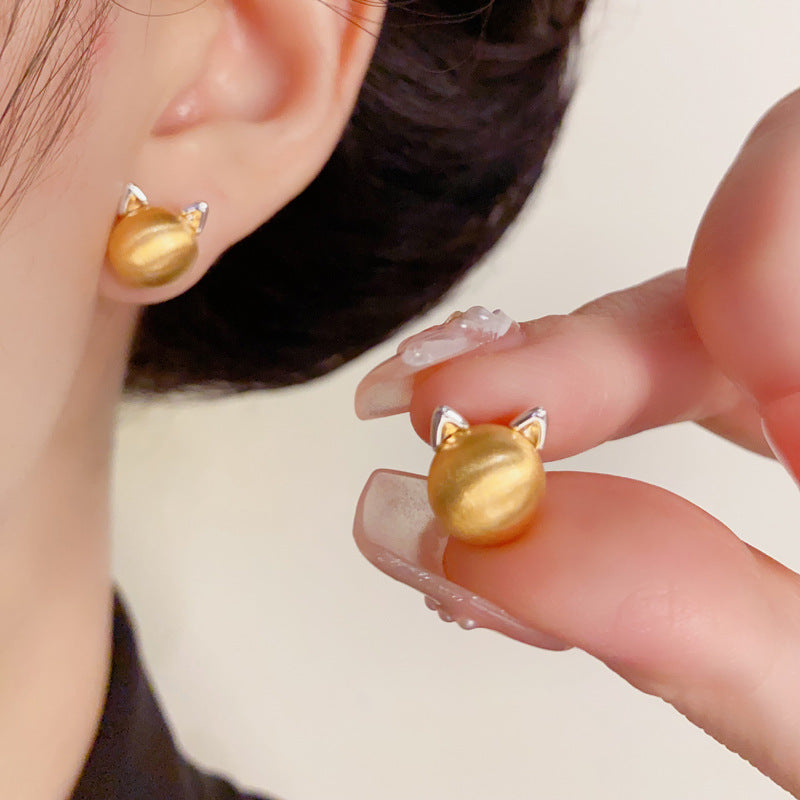 Luxury Brushed Gold-Silver Cat Stud Earrings – Elegant Design