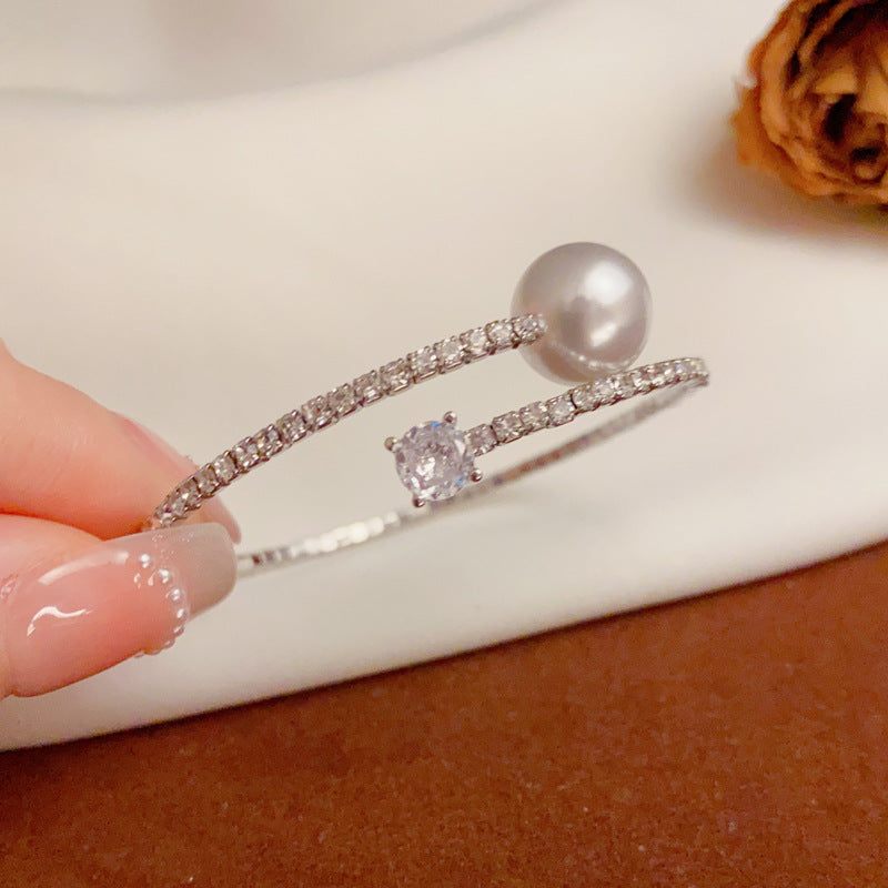 Minimalist Pearl & Rhinestone Open Cuff Bracelet – Adjustable Design