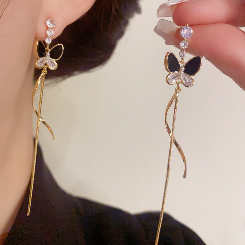 14K Gold-Plated Black Butterfly Long Tassel Earrings - Chic & Elegant