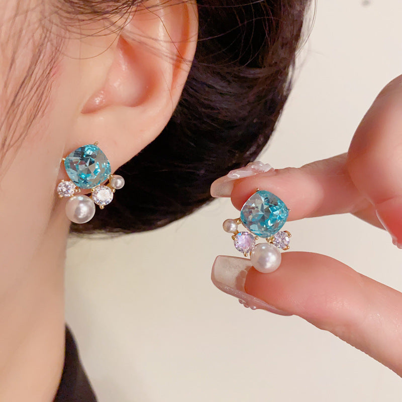Luxury Blue Zircon & Pearl Stud Geometric Earrings – Elegant Design