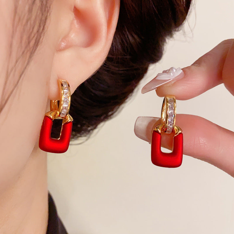 14K Gold-Plated Red Geometric Dual-Wear Earrings - Chic & Versatile