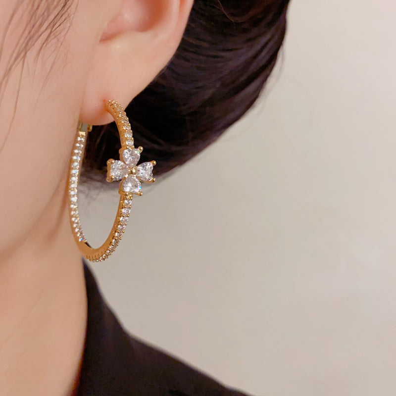 Full Zirconia Four-Leaf Clover Hoop Earrings – Elegant Design