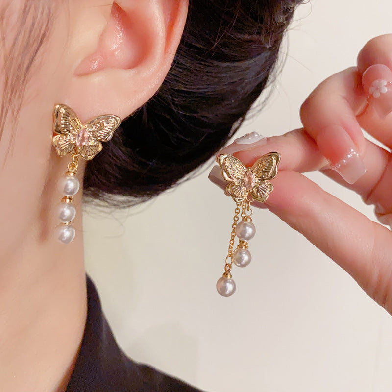 Butterfly Chain & Pearl Front-Back Drop Earrings – Elegant Design