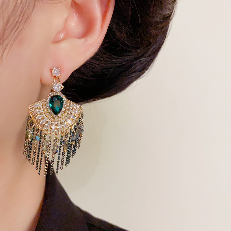 Elegant Zircon Fan-Shaped Tassel Drop Earrings – Geometric Design