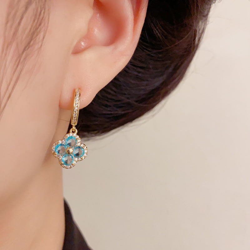 Luxury Blue Crystal Four-Leaf Clover Drop Earrings – Floral Design