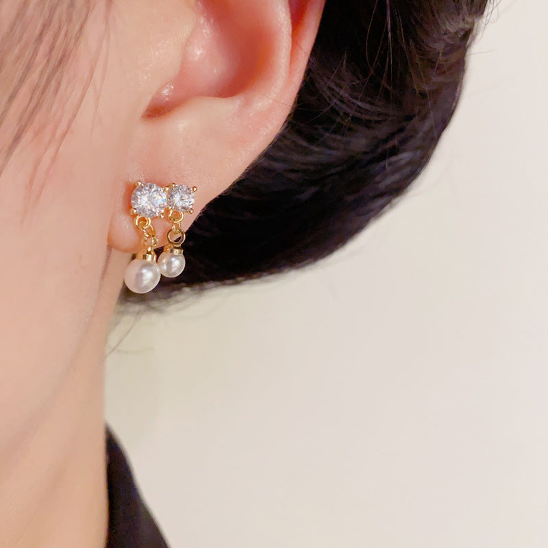 Luxury Zircon Bow & Pearl Tassel Drop Earrings – Elegant Design