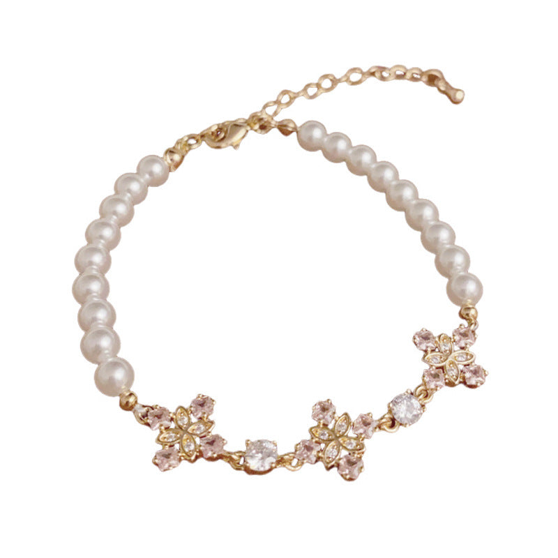 14K Gold Diamond-Inlaid 4-Leaf Flower Pearl Bracelet – Elegant Design