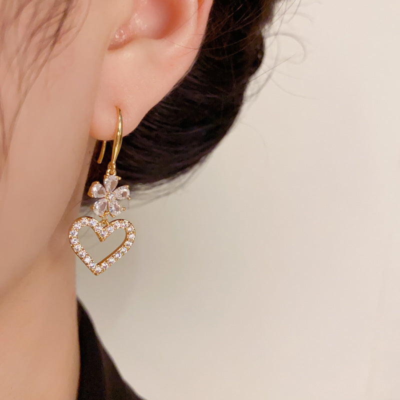 14K Gold Luxury Zircon Flower & Heart Drop Earrings – Elegant Design