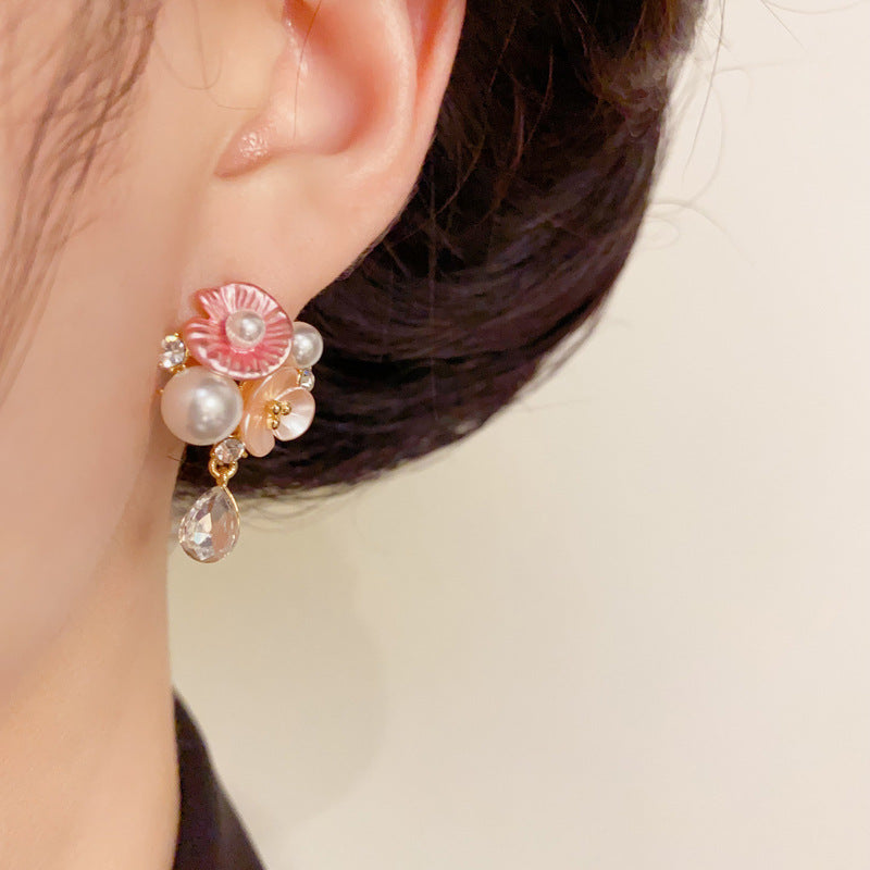 14K Gold French Style Flower Petal Pearl Drop Earrings– Elegant Design