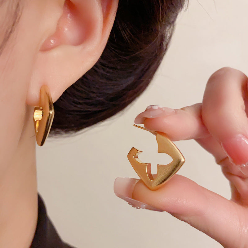 Elegant Matte Gold Rhombus Hoop Earrings – Bold Geometric Design