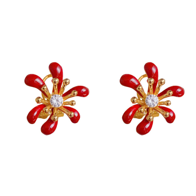 Luxury Zircon Red Firework Earrings – Elegant Floral Design