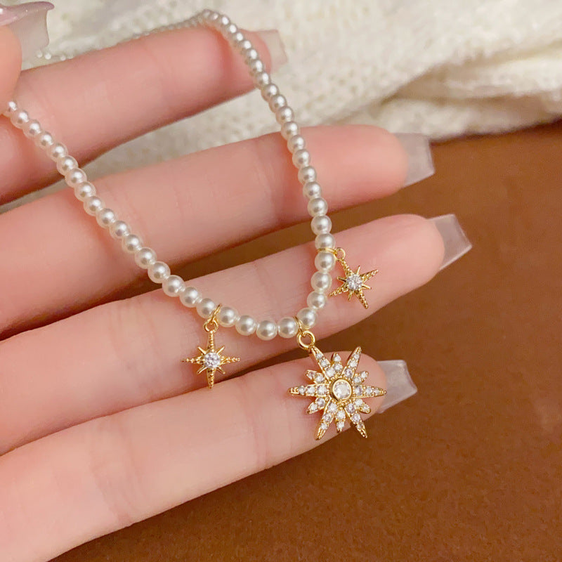 14K Gold Zircon Eight-Point Star Pendant Pearl Necklace –Elegant Charm