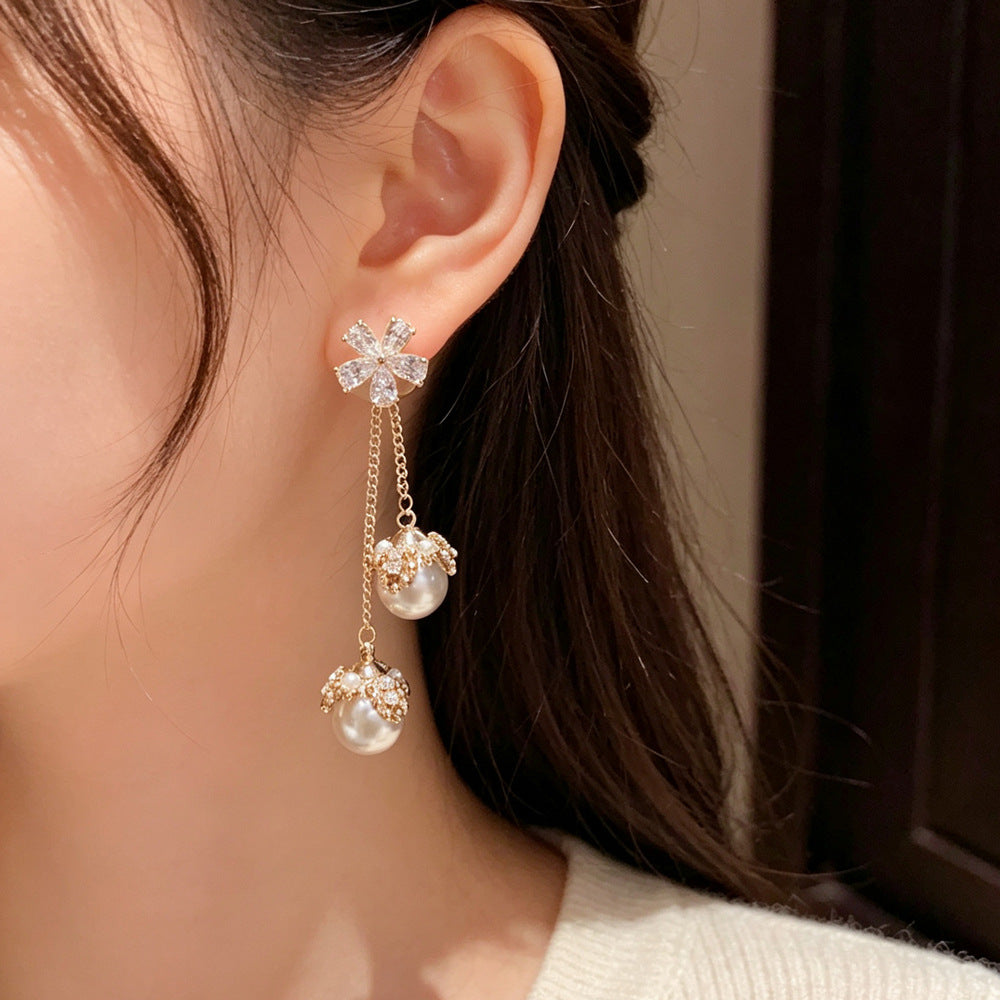 Eaioncol Floral CZ Pearl Tassel Earrings 14K Gold Plated